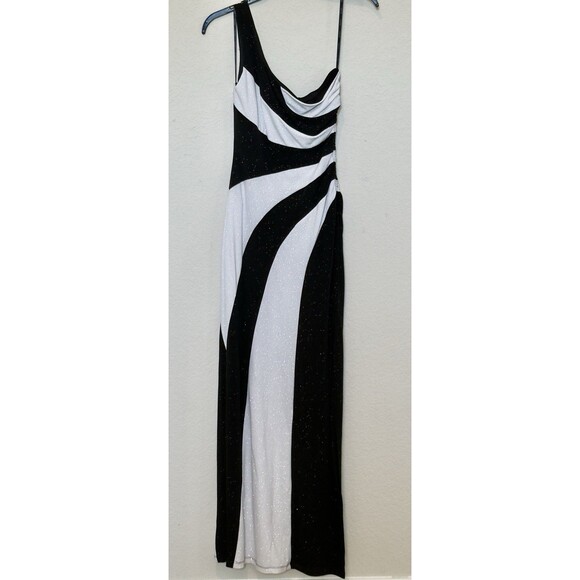 Y2K Maxi Dress one shoulder Stretch Stripes White Black Size M USA shimmery - Picture 1 of 11